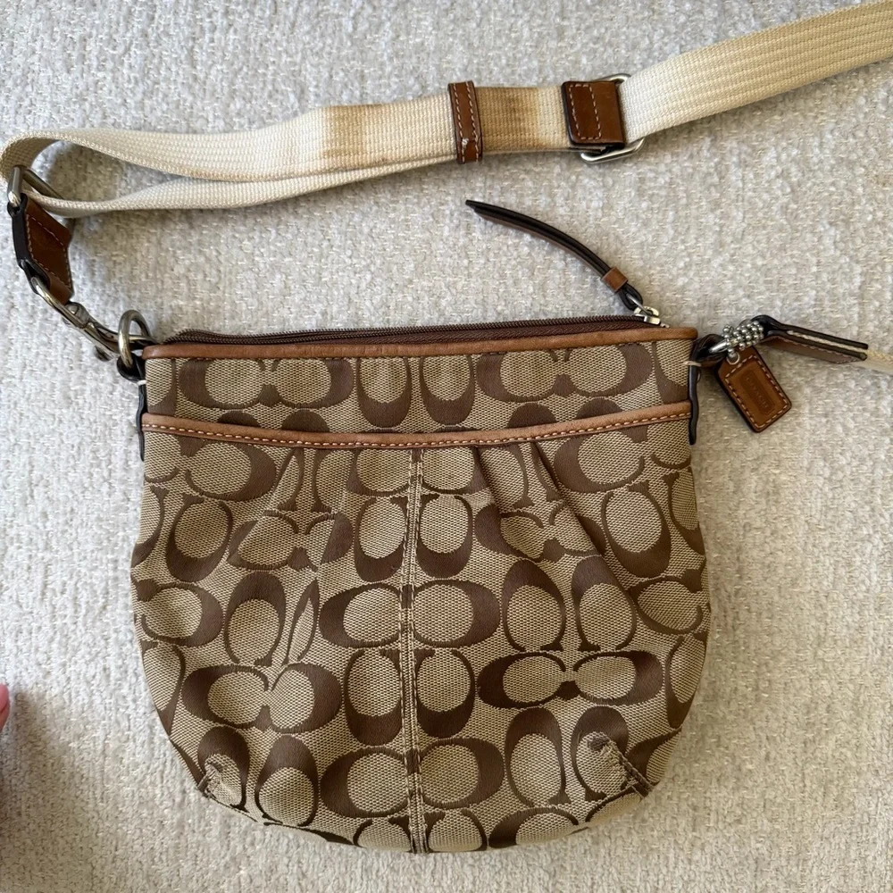 Coach Brown Signature Canvas Crossbody with Cream Adjustable Strap